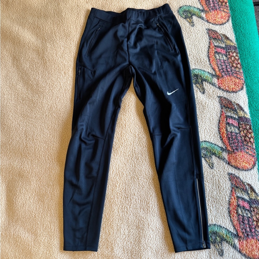 Nike Men's Black Athletic Track Pants with White Swoosh